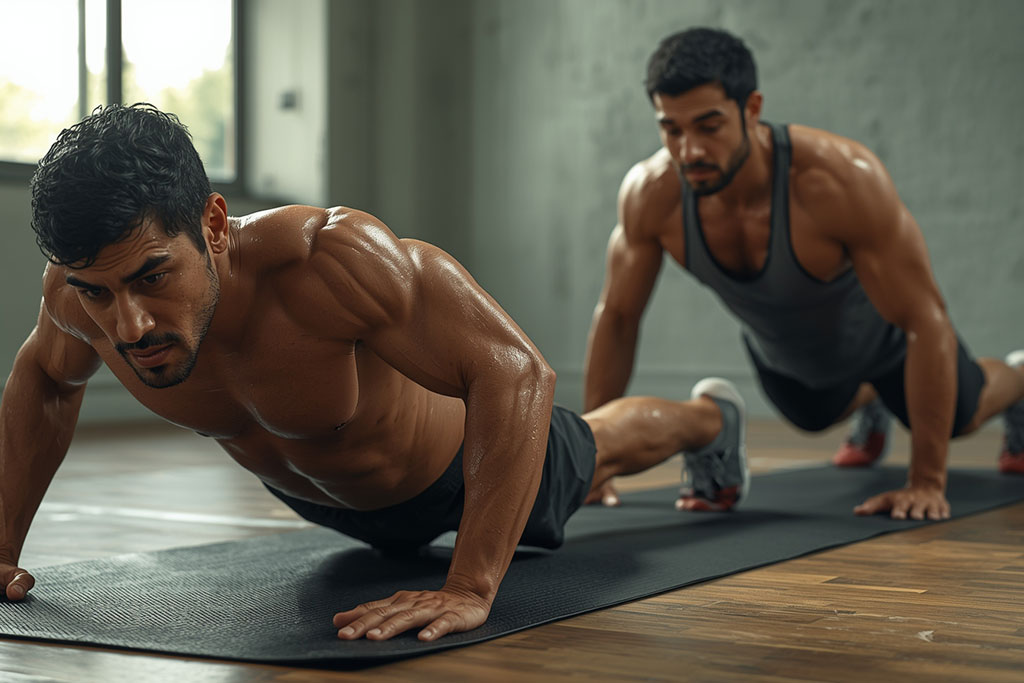 دو ورزشکار در باشگاه در حال انجام حرکات استقامتی و چابکی مثل Burpee و Mountain Climbers