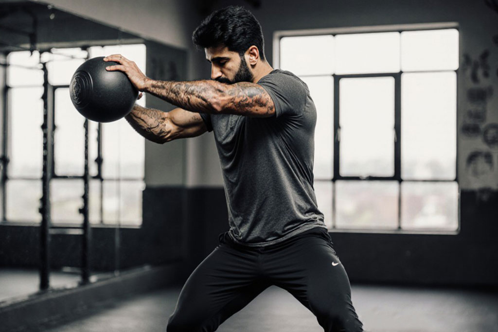 آقایی در حال اجرای حرکت Medicine Ball Slam با توپ ورزشی در باشگاه